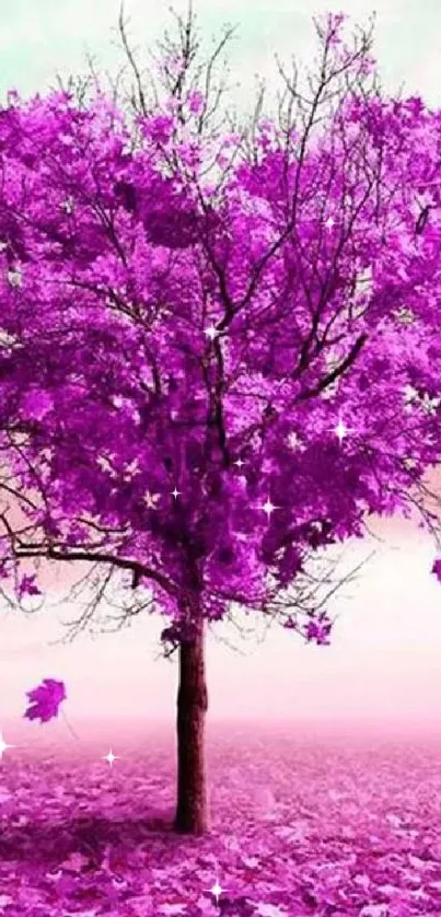 Purple heart-shaped tree with falling leaves in a vibrant landscape.