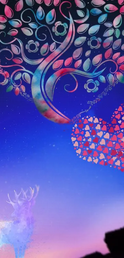 Vibrant heart-shaped tree design on a starry blue background with pink hues.