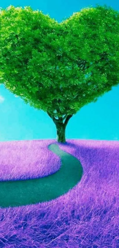 Colorful landscape with heart-shaped tree on purple grass.