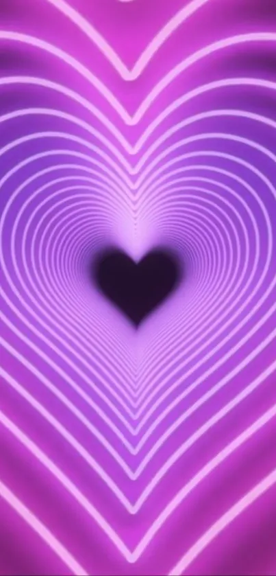 Purple and pink neon heart tunnel wallpaper with a glowing effect.