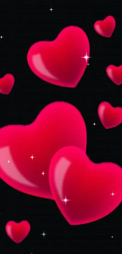 Vibrant red hearts on a glossy black wallpaper backdrop.