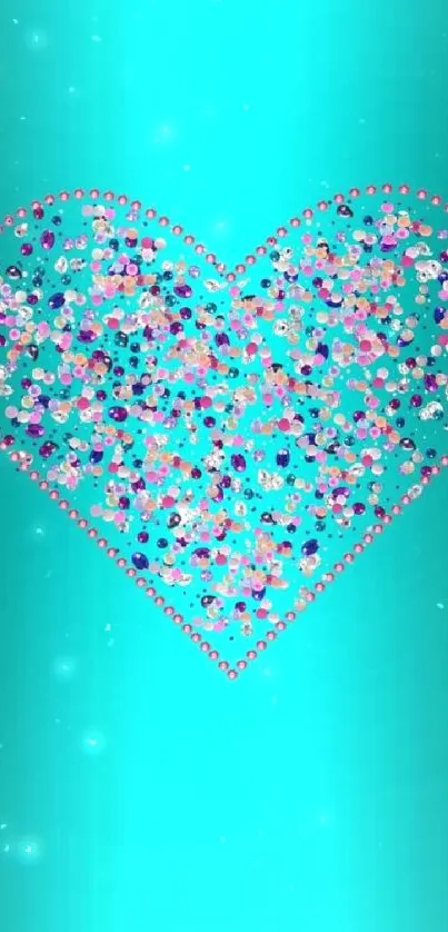 Heart design with turquoise background and colorful confetti.