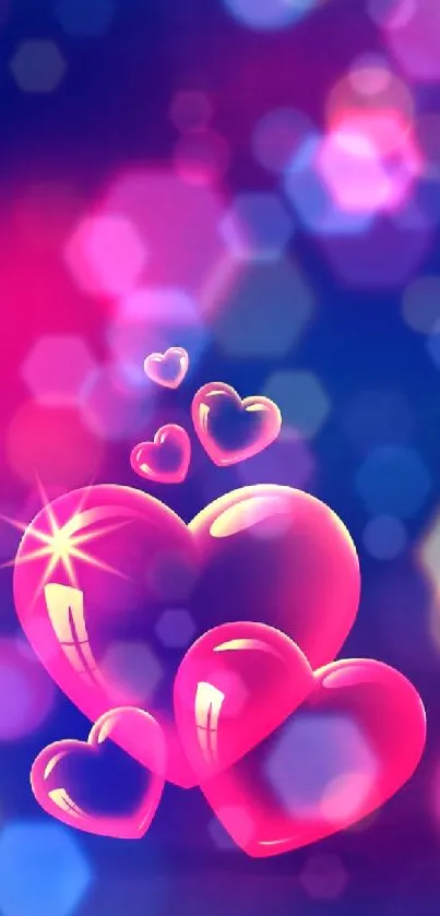 Vibrant heart wallpaper with neon pink hearts on a blue background.