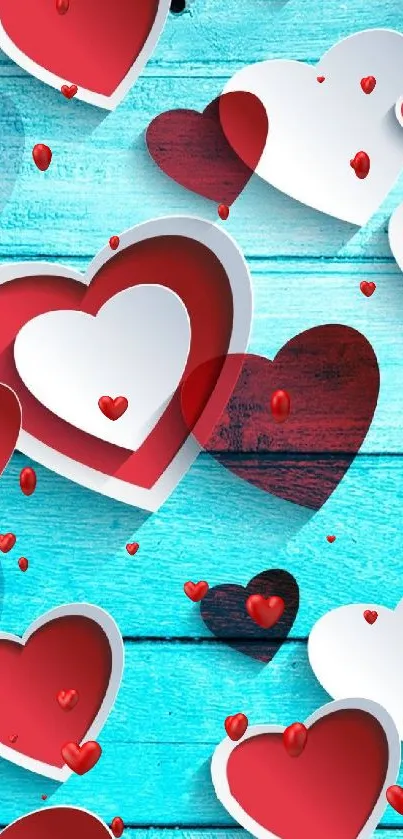 Vibrant phone wallpaper with red and white hearts on a light blue background.