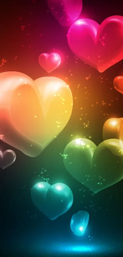 Colorful glowing heart shapes on a dark background.