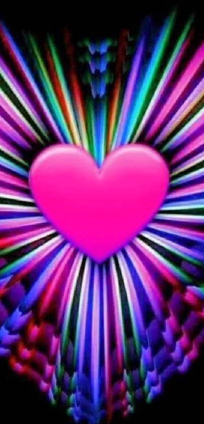 Vibrant pink heart with colorful neon rays.