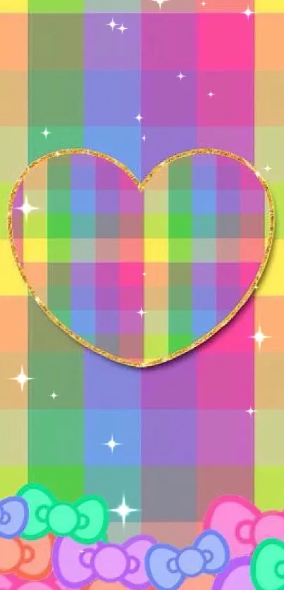 Colorful heart design mobile wallpaper with plaid and bows.