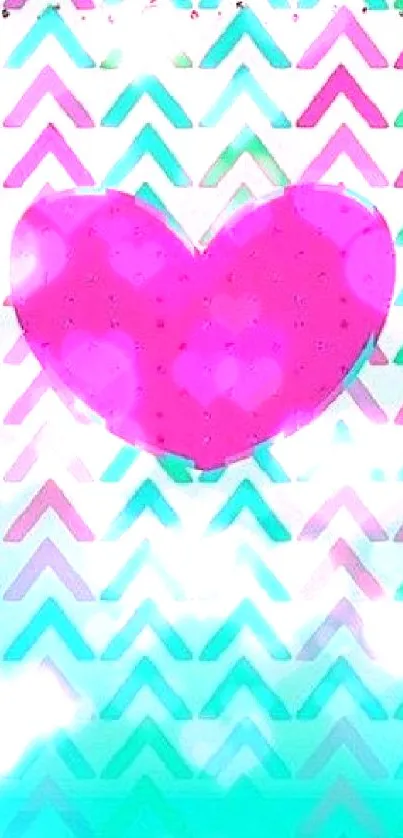 Mobile wallpaper with a magenta heart on a colorful zigzag background.