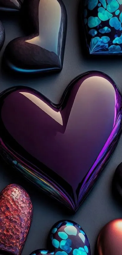 Vibrant purple heart surrounded by colorful designs on wallpaper.