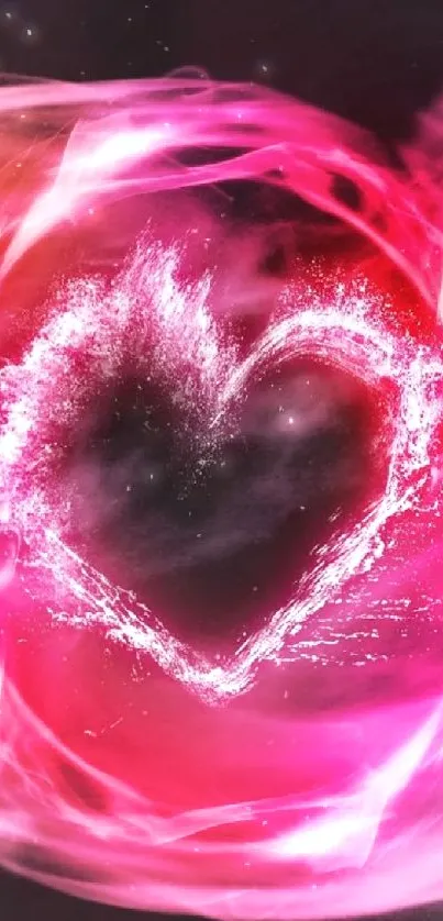 Vibrant pink heart-shaped particle art wallpaper.