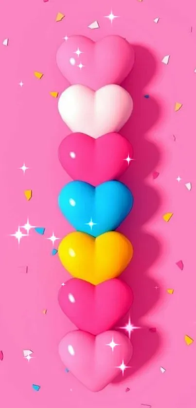 Colorful hearts on a vibrant pink background.