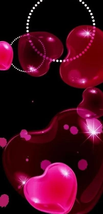 Vibrant heart-themed mobile wallpaper with pink and red luminous hearts.