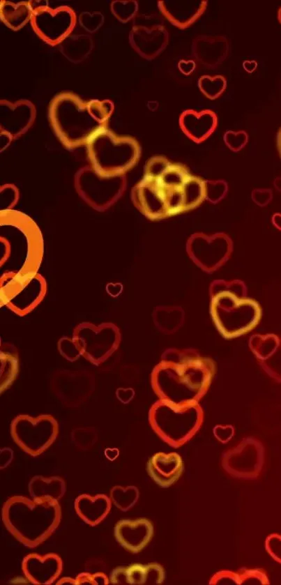 Vibrant heart-themed wallpaper with glowing red and orange hearts on dark background.