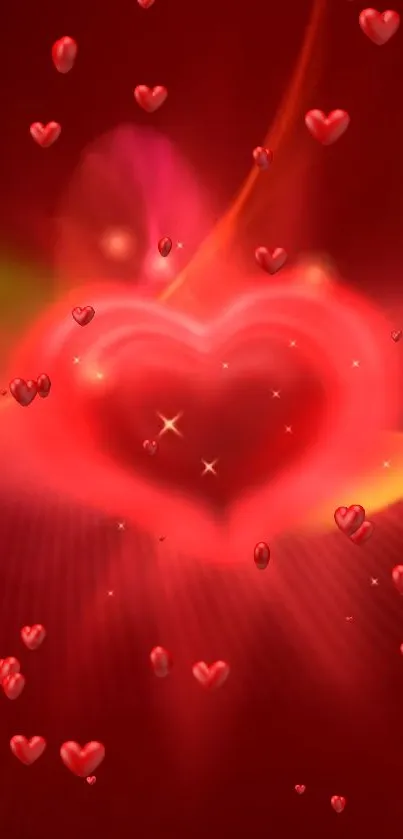 Vibrant glowing heart wallpaper with red hues.