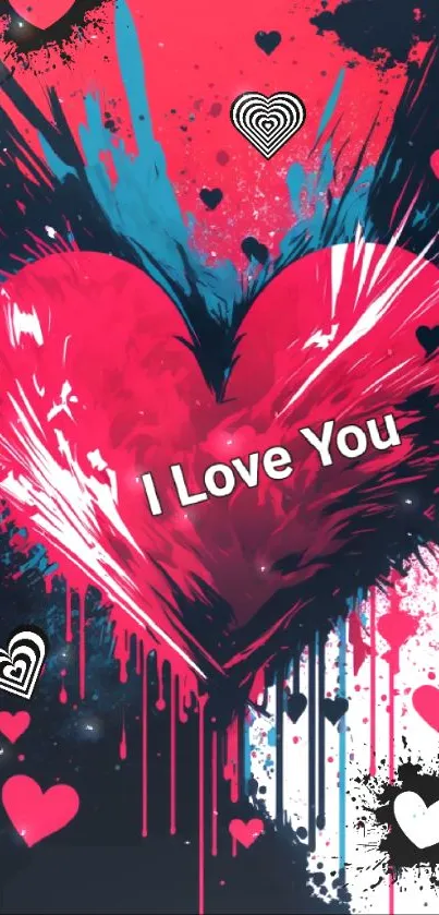 A dynamic pink-red heart with text 'I Love You' on a mobile wallpaper.