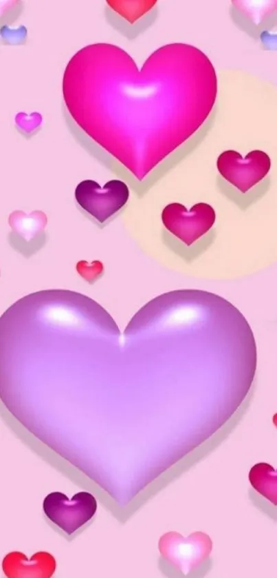 Vibrant hearts floating on pink background.