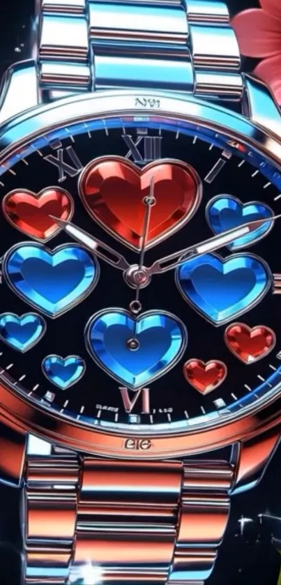 Heart-themed watch face with vibrant colors and steel strap.