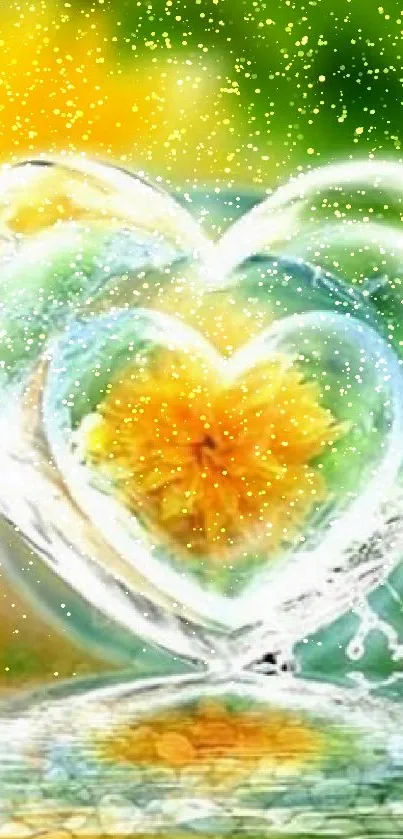 Heart-shaped water splash with yellow flower on a green background.