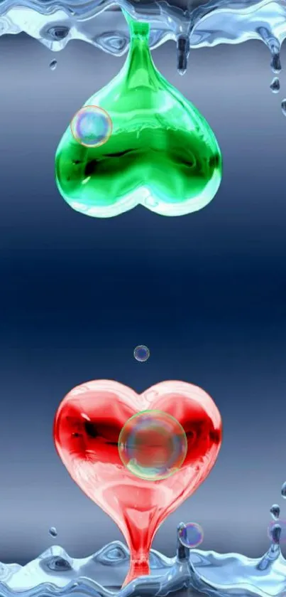 Red and green heart droplets in water splash on blue background.