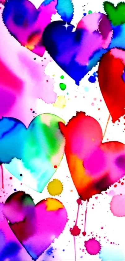 Vibrant watercolor hearts with colorful splashes, perfect for artistic wallpaper.