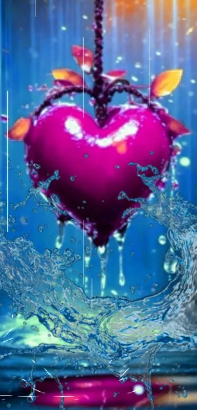 Vibrant heart with water splash on a blue background.