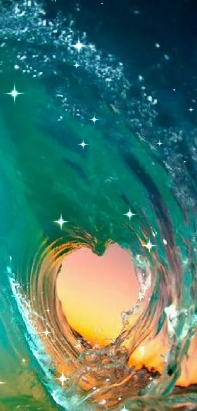 Heart-shaped wave with vibrant colors creates a stunning mobile wallpaper.