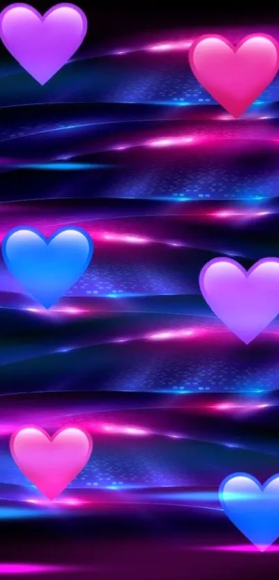 Vibrant wallpaper with colorful hearts and dynamic waves.