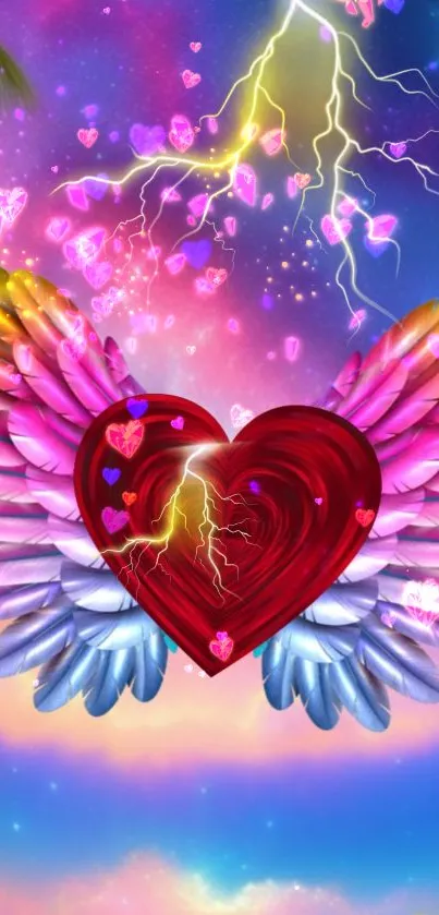 Colorful heart with wings under a vibrant sky.