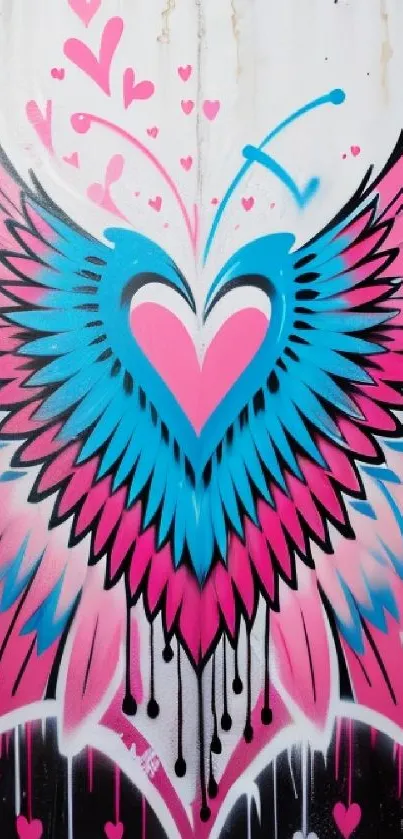 Colorful graffiti of a heart with wings in pink and blue hues.