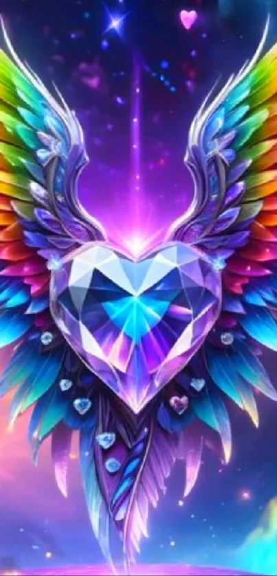 Colorful heart-shaped gem with vibrant wings in digital art.