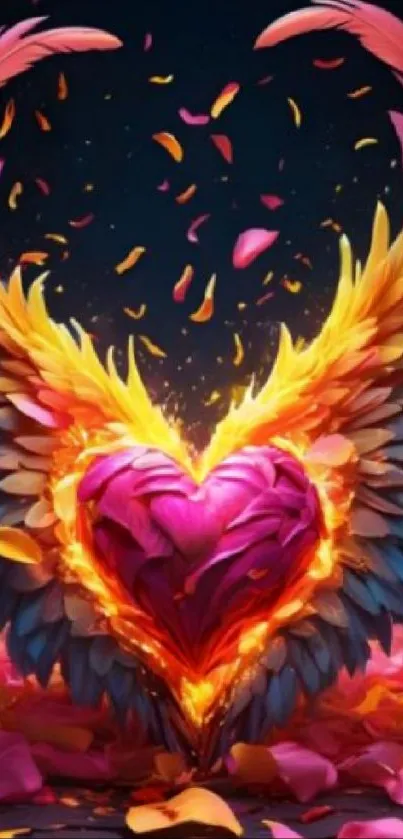 Vibrant heart-shaped fiery wings with petals falling.