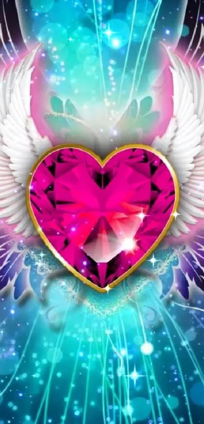 Pink heart with wings on cosmic blue background wallpaper.