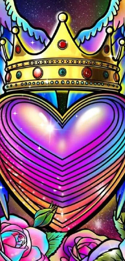 Colorful heart with wings and crown on cosmic background.