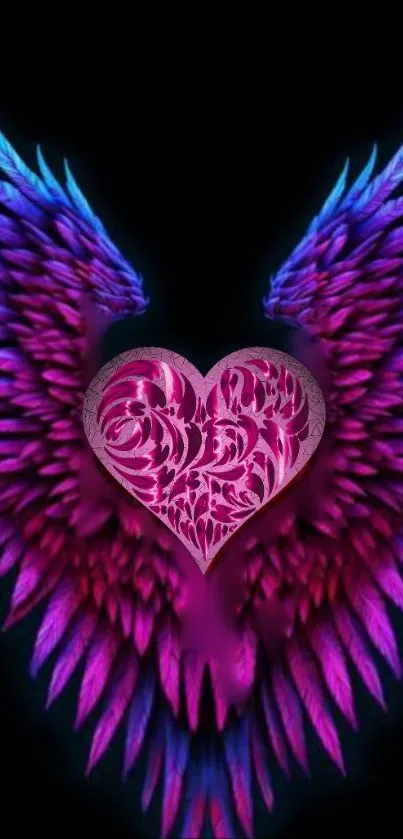 Vibrant purple wings with a heart design on a black background.