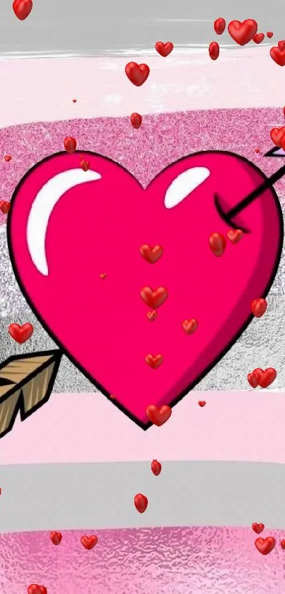 Vibrant pink heart with an arrow on artistic background.