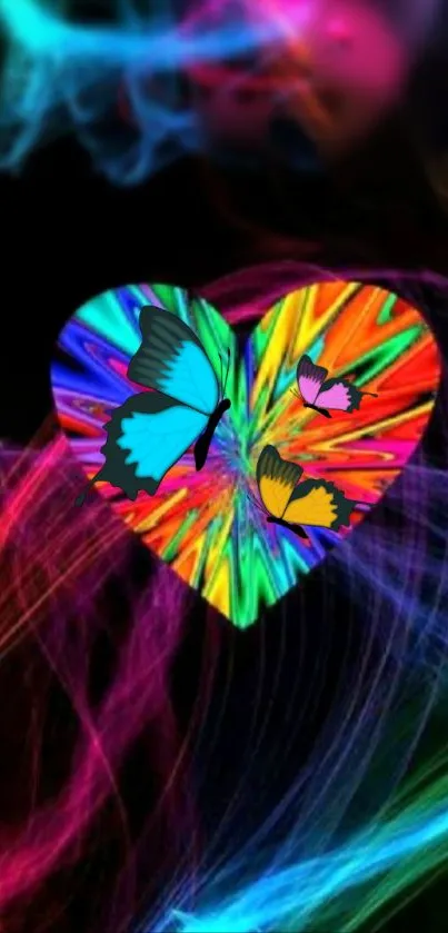 Colorful heart with butterflies on vibrant swirling backdrop.