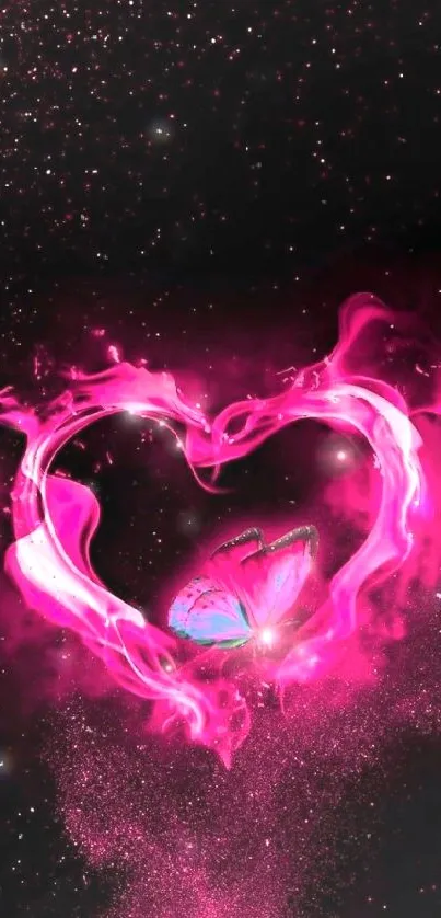 Glowing pink heart with butterfly in cosmic sparkles.