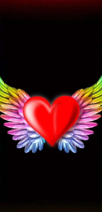 Red heart with rainbow wings on black background.