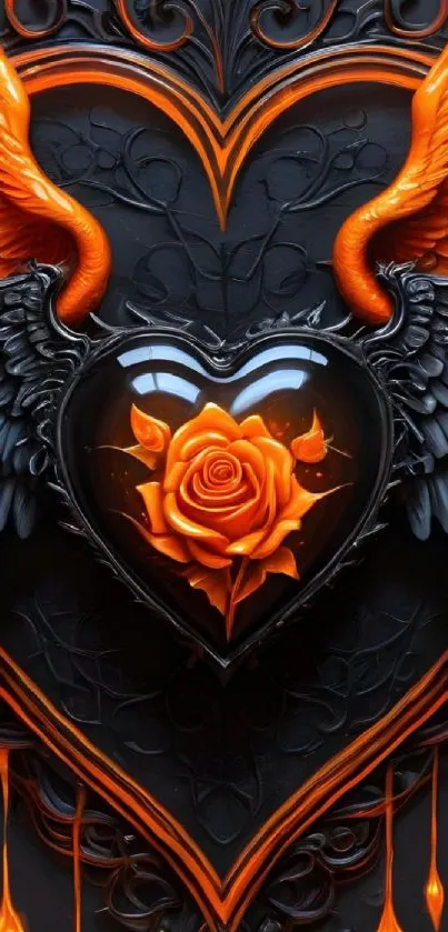 Heart with vibrant orange and black wings art wallpaper.