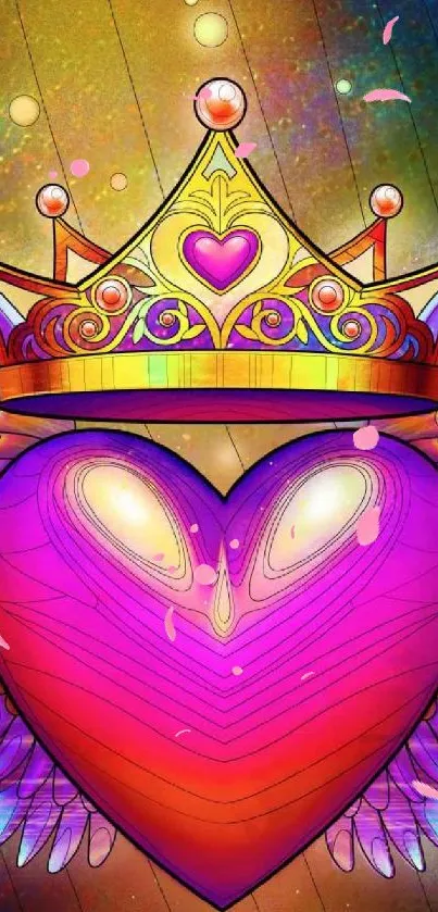 Vibrant heart with colorful wings and crown mobile wallpaper