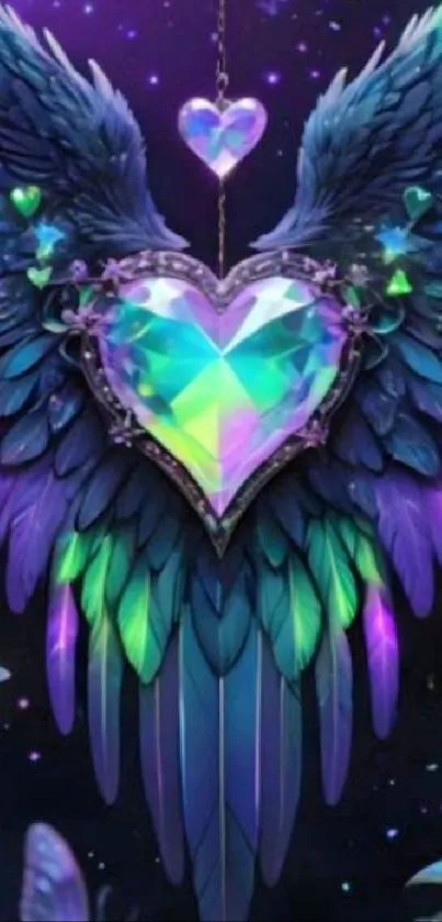 Jewel heart and ethereal wings in vibrant colors on a celestial background.