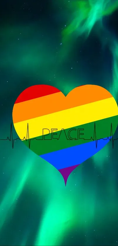 Rainbow heart with peace and aurora background.