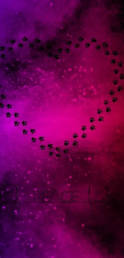 Purple and pink galaxy wallpaper with a heart of paw prints and 'PEACE' text.