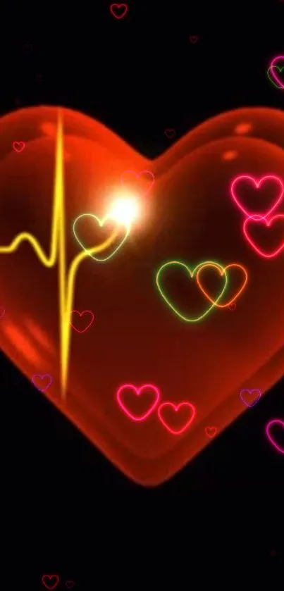 Glowing red heart with neon pulse line on a black background.