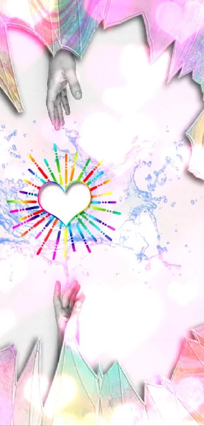 Vibrant wallpaper with rainbow heart burst and colorful splashes.