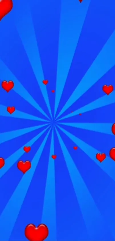 Blue wallpaper with red hearts pattern design.