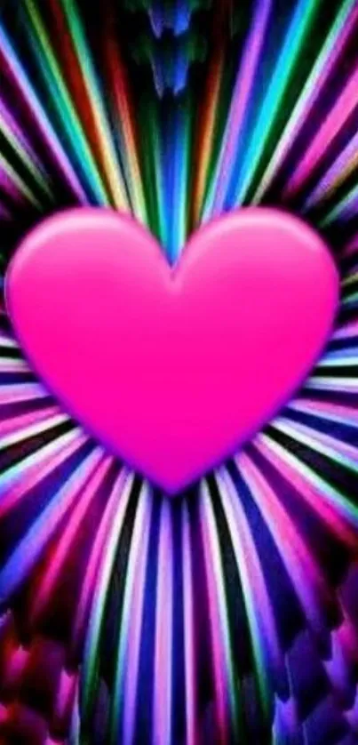 Bright pink heart with rainbow rays on wallpaper.