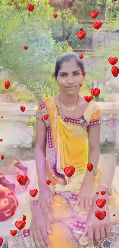 Woman in a colorful saree with falling red hearts.