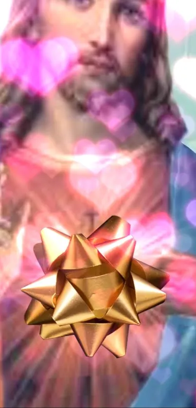 Mobile wallpaper with pink hearts and a golden bow over a divine figure.