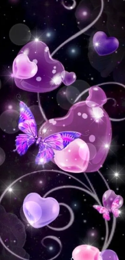 Purple hearts and butterflies wallpaper design.